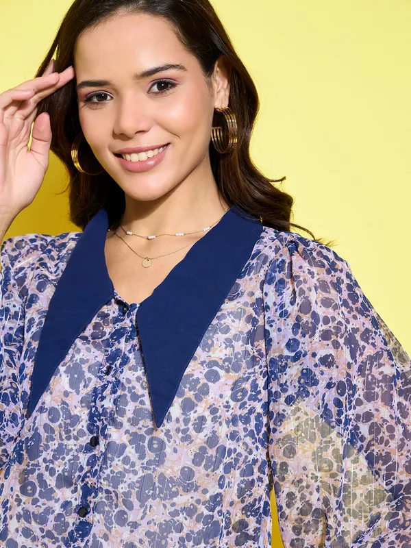 Purple_Chiffon_Casual_Animal_Print_Collared_Regular_Fit_Top_For_Women