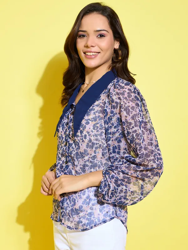Purple_Chiffon_Casual_Animal_Print_Collared_Regular_Fit_Top_For_Women