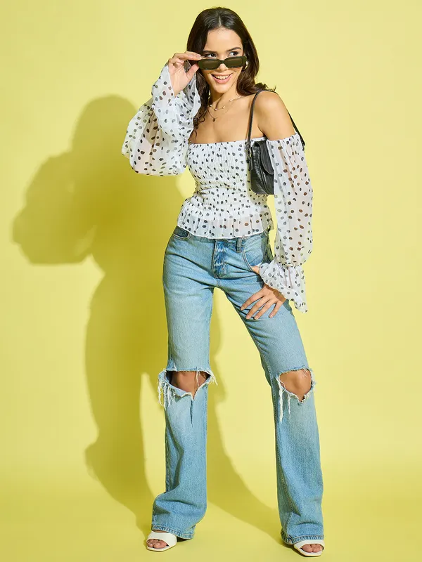 Polka_Dot_Print_Off-Shoulder_Bell_Sleeve_Smocked_Chiffon_Bardot_Crop_Top