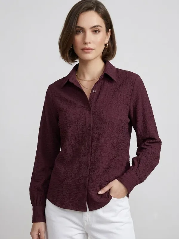 ANVI_Be_Yourself_Women_Solid_Wine_Scrabble_Ribbed_Collared_Neck_Long_Sleeve_Button_Down_Causal_Regular_Shirt