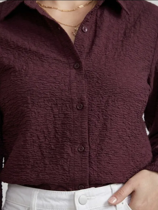 ANVI_Be_Yourself_Women_Solid_Wine_Scrabble_Ribbed_Collared_Neck_Long_Sleeve_Button_Down_Causal_Regular_Shirt