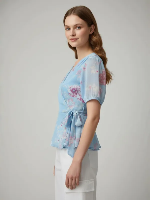 Women_Floral_Printed_Blue_Chiffon_V_Neck_Short_Puff_Sleeve_Casual_Wrap_Top