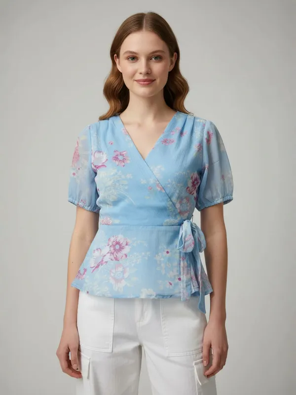 Women_Floral_Printed_Blue_Chiffon_V_Neck_Short_Puff_Sleeve_Casual_Wrap_Top