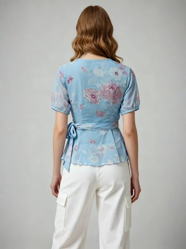Women_Floral_Printed_Blue_Chiffon_V_Neck_Short_Puff_Sleeve_Casual_Wrap_Top