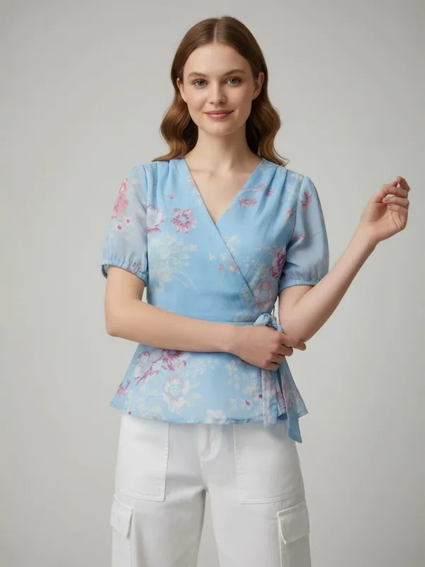 Women_Floral_Printed_Blue_Chiffon_V_Neck_Short_Puff_Sleeve_Casual_Wrap_Top