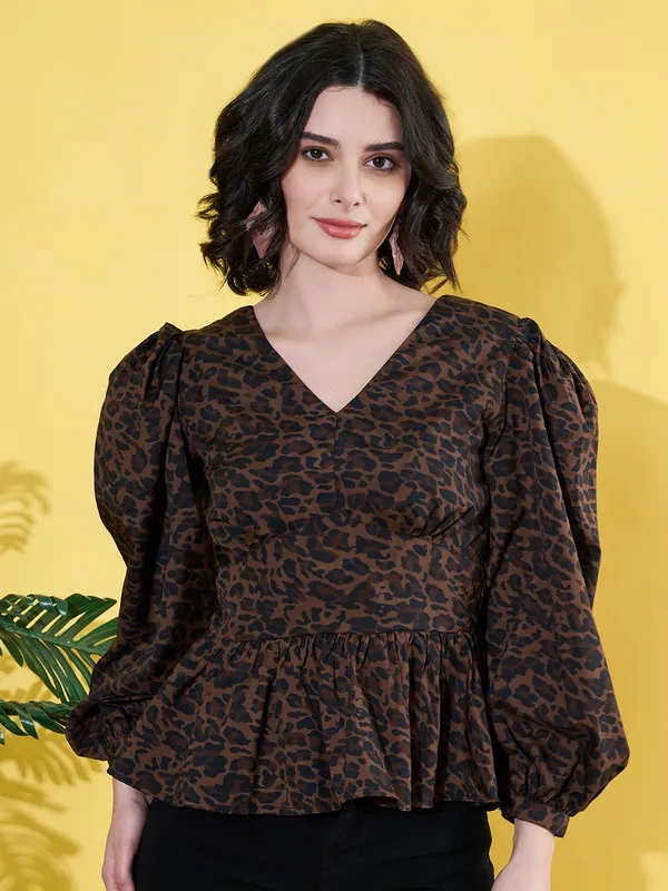 Women_Animal_Printed_Brown_V_Neck_Crepe_Casual_Peplum_Top
