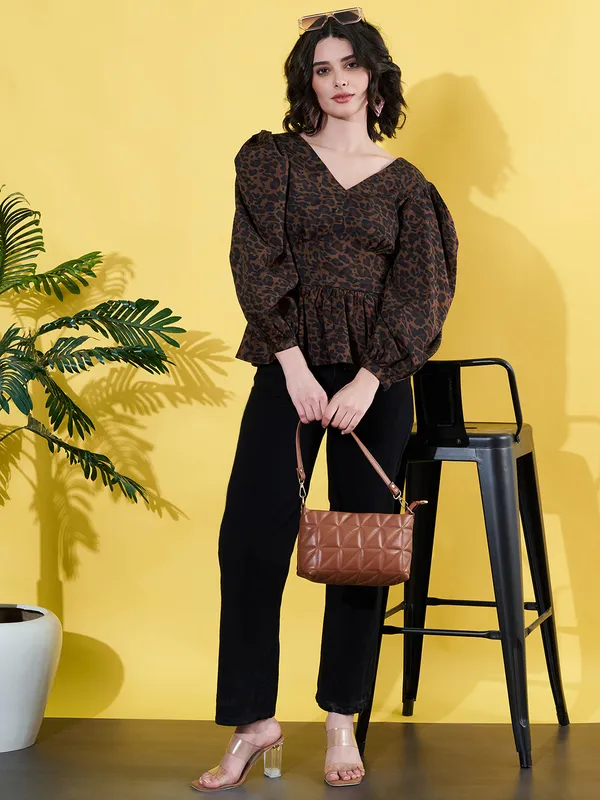 Women_Animal_Printed_Brown_V_Neck_Crepe_Casual_Peplum_Top