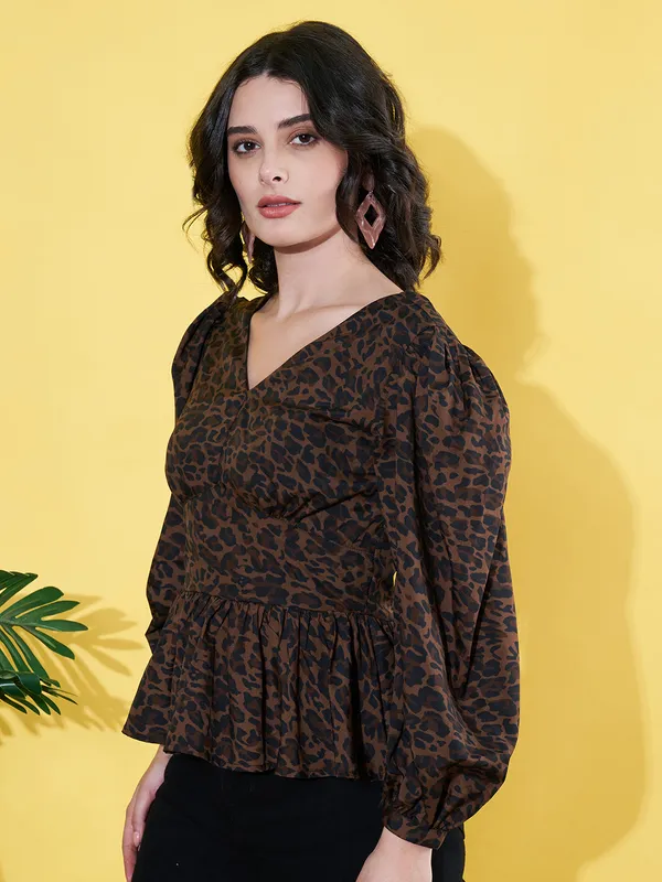 Women_Animal_Printed_Brown_V_Neck_Crepe_Casual_Peplum_Top