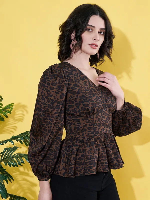 Women_Animal_Printed_Brown_V_Neck_Crepe_Casual_Peplum_Top