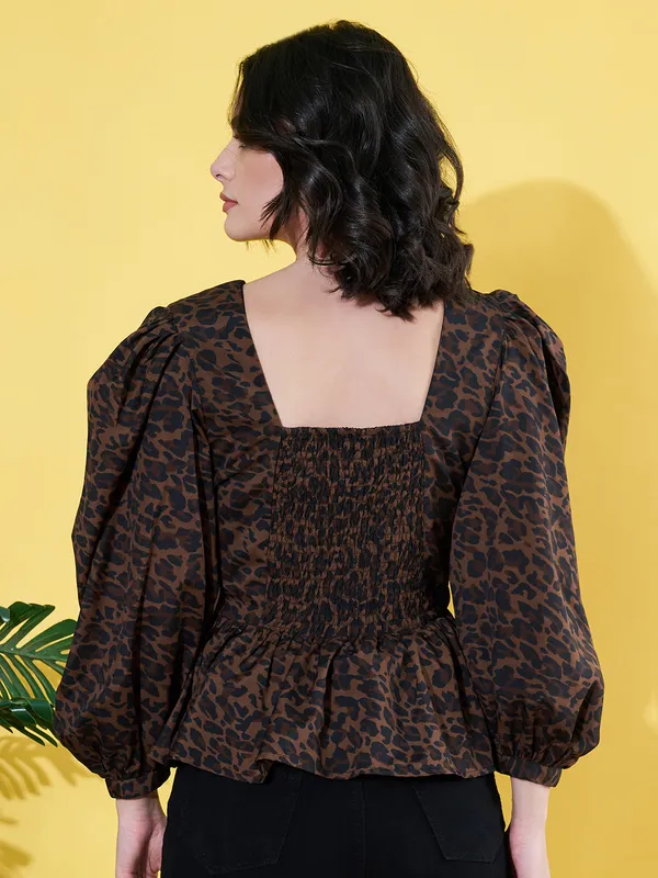 Women_Animal_Printed_Brown_V_Neck_Crepe_Casual_Peplum_Top