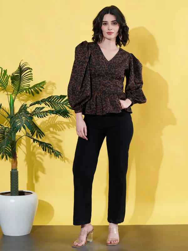 Women_Animal_Printed_Brown_V_Neck_Crepe_Casual_Peplum_Top