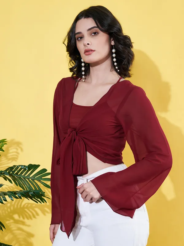 Solid_Maroon_Long_Sleeve_Front_Tie-ups_Georgette_Casual_Crop_Sheer_Shrug