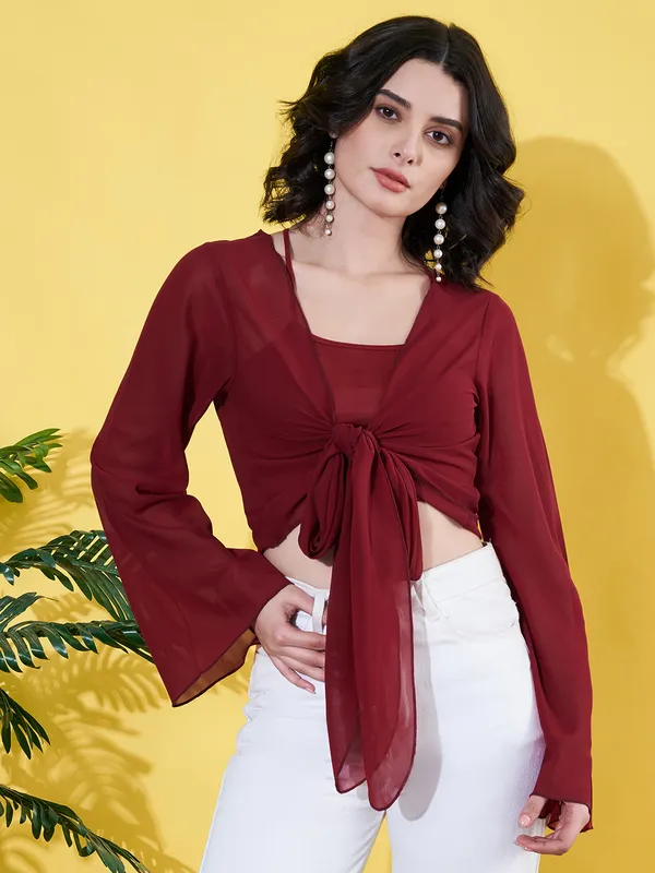 Solid_Maroon_Long_Sleeve_Front_Tie-ups_Georgette_Casual_Crop_Sheer_Shrug