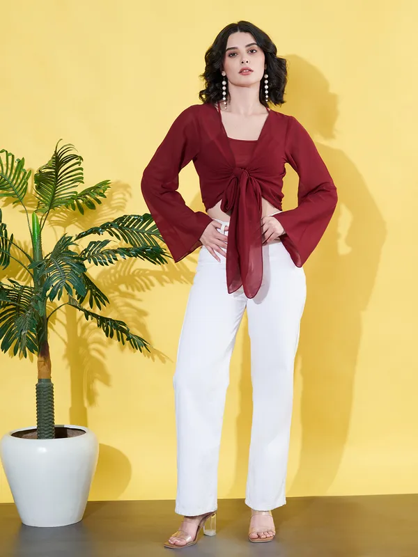 Solid_Maroon_Long_Sleeve_Front_Tie-ups_Georgette_Casual_Crop_Sheer_Shrug