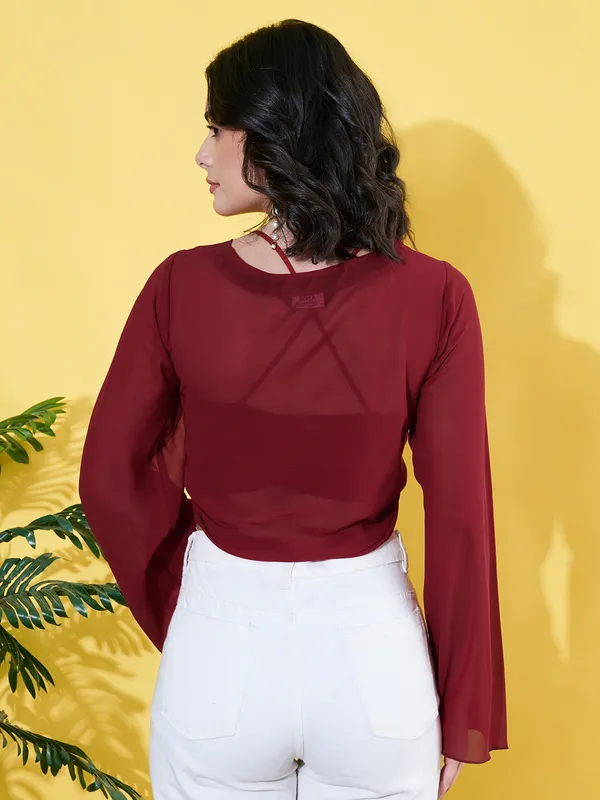 Solid_Maroon_Long_Sleeve_Front_Tie-ups_Georgette_Casual_Crop_Sheer_Shrug
