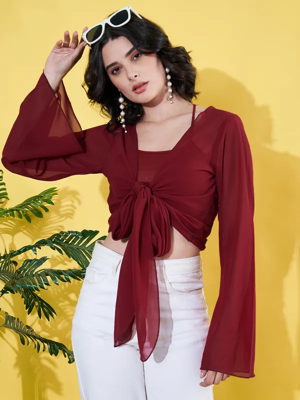 Solid_Maroon_Long_Sleeve_Front_Tie-ups_Georgette_Casual_Crop_Sheer_Shrug
