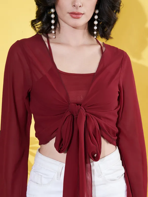 Solid_Maroon_Long_Sleeve_Front_Tie-ups_Georgette_Casual_Crop_Sheer_Shrug