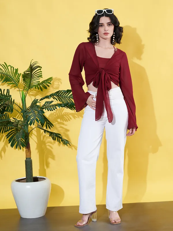 Solid_Maroon_Long_Sleeve_Front_Tie-ups_Georgette_Casual_Crop_Sheer_Shrug
