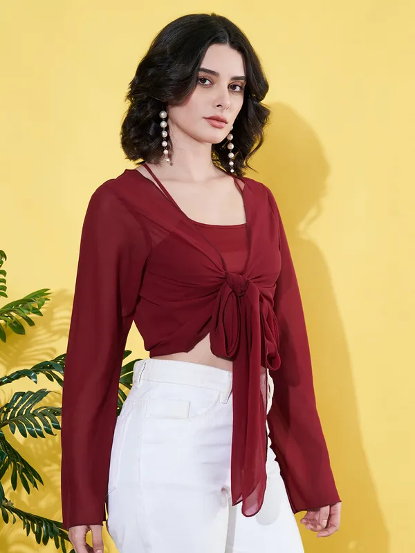 Solid_Maroon_Long_Sleeve_Front_Tie-ups_Georgette_Casual_Crop_Sheer_Shrug