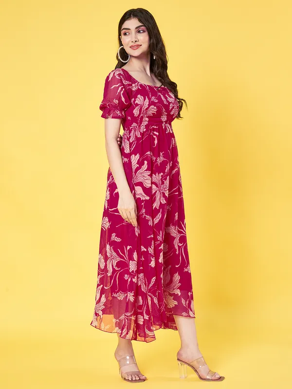 Western_Stylish_Women_Floral_Printed_Hot_Pink_Square_Neck_Puff_Sleeve_Chiffon_Fit_and_Flare_Midi_Dress