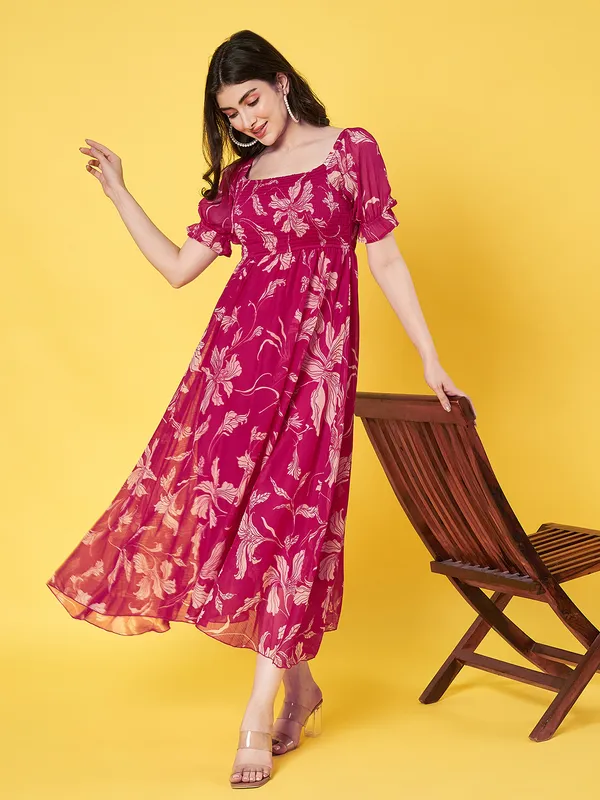 Western_Stylish_Women_Floral_Printed_Hot_Pink_Square_Neck_Puff_Sleeve_Chiffon_Fit_and_Flare_Midi_Dress