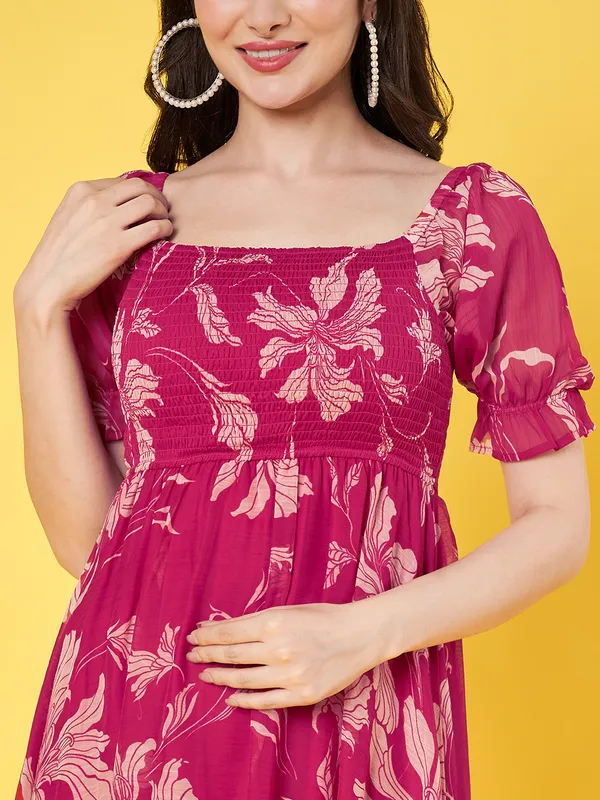 Western_Stylish_Women_Floral_Printed_Hot_Pink_Square_Neck_Puff_Sleeve_Chiffon_Fit_and_Flare_Midi_Dress