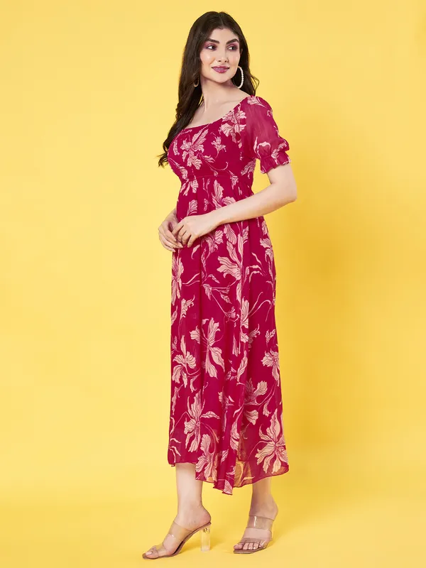 Western_Stylish_Women_Floral_Printed_Hot_Pink_Square_Neck_Puff_Sleeve_Chiffon_Fit_and_Flare_Midi_Dress