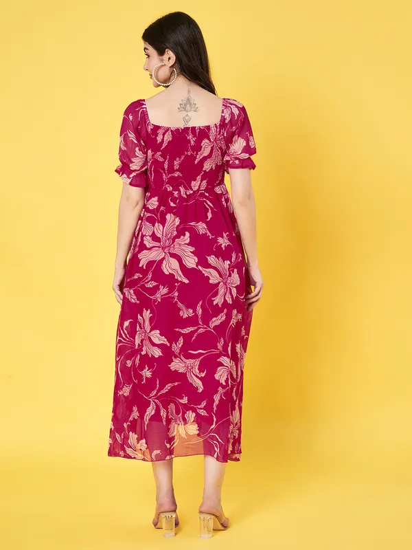 Western_Stylish_Women_Floral_Printed_Hot_Pink_Square_Neck_Puff_Sleeve_Chiffon_Fit_and_Flare_Midi_Dress