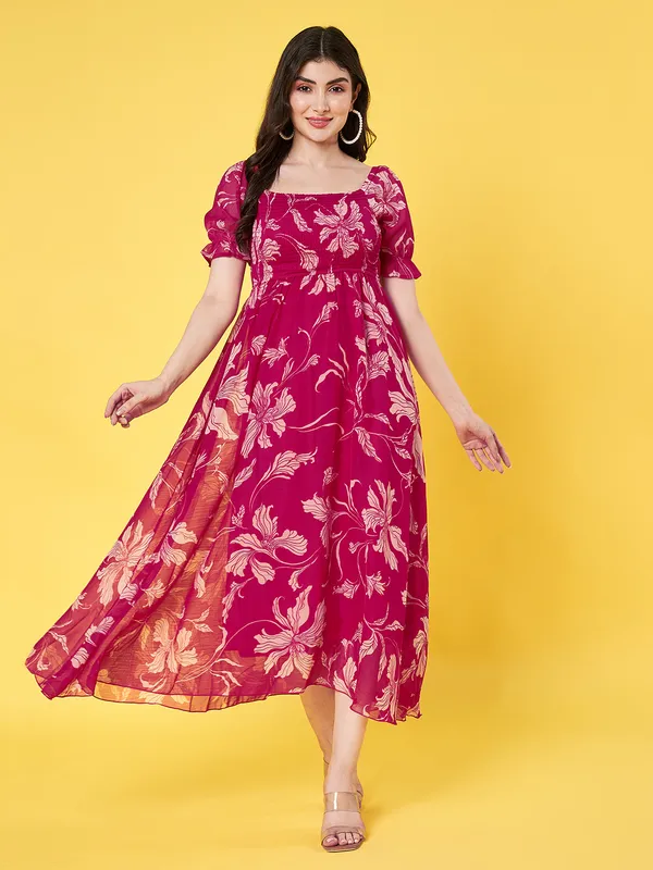 Western_Stylish_Women_Floral_Printed_Hot_Pink_Square_Neck_Puff_Sleeve_Chiffon_Fit_and_Flare_Midi_Dress