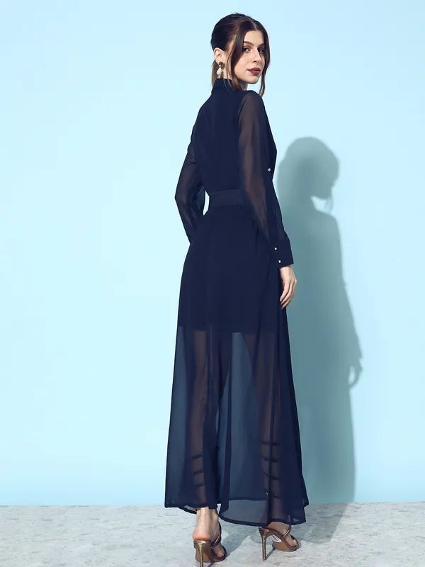 Solid_Navy_Blue_Collared_Neck_Roll_Up_Sleeve_Georgette_Maxi_Length_Dress_With_Belt