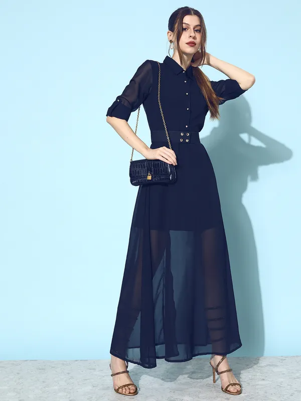 Solid_Navy_Blue_Collared_Neck_Roll_Up_Sleeve_Georgette_Maxi_Length_Dress_With_Belt