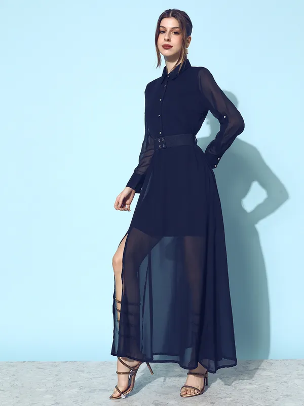 Solid_Navy_Blue_Collared_Neck_Roll_Up_Sleeve_Georgette_Maxi_Length_Dress_With_Belt