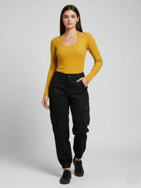 ANVI_Be_Yourself_Women_Solid_Yellow_Ribbed_U_Neck_Long_Sleeve_Regular_Top