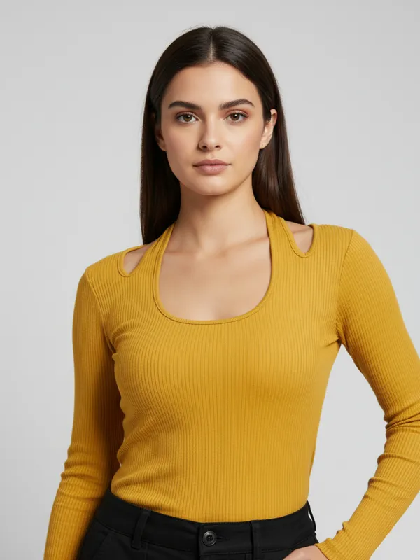 ANVI_Be_Yourself_Women_Solid_Yellow_Ribbed_U_Neck_Long_Sleeve_Regular_Top