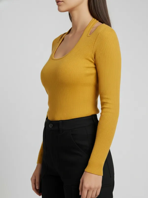 ANVI_Be_Yourself_Women_Solid_Yellow_Ribbed_U_Neck_Long_Sleeve_Regular_Top