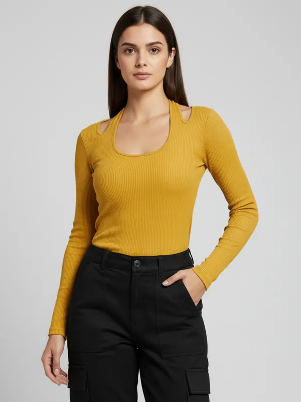 ANVI_Be_Yourself_Women_Solid_Yellow_Ribbed_U_Neck_Long_Sleeve_Regular_Top