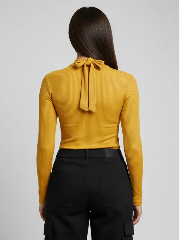 ANVI_Be_Yourself_Women_Solid_Yellow_Ribbed_U_Neck_Long_Sleeve_Regular_Top