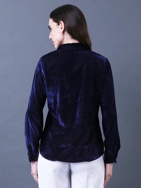 Solid_Navy_Blue_Velvet_Collared_Neck_Long_Sleeve_Button_Down_Regular_Shirt