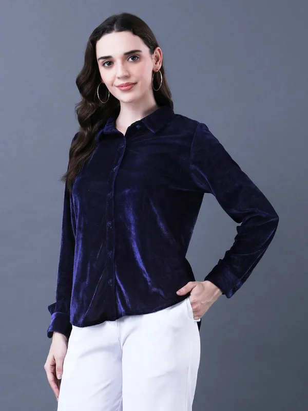 Solid_Navy_Blue_Velvet_Collared_Neck_Long_Sleeve_Button_Down_Regular_Shirt