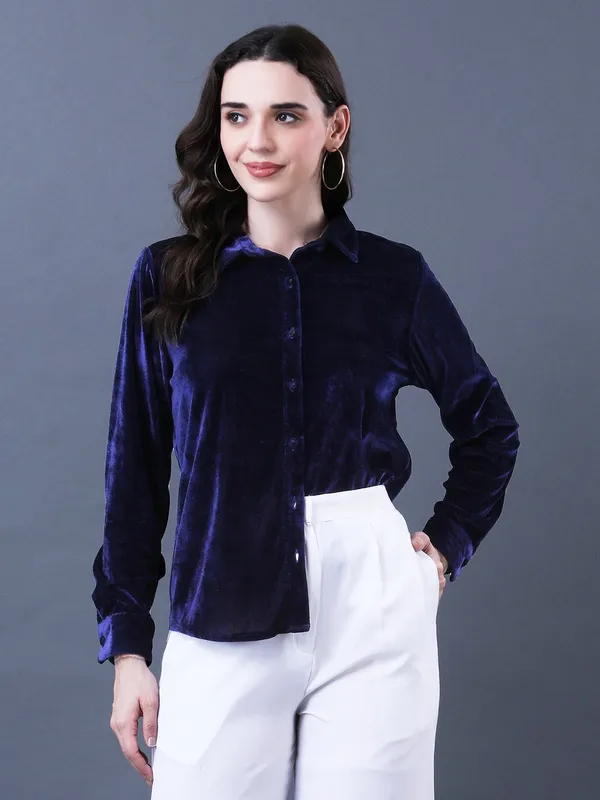 Solid_Navy_Blue_Velvet_Collared_Neck_Long_Sleeve_Button_Down_Regular_Shirt