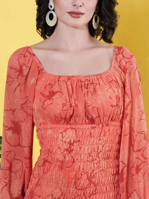 Women_Floral_Printed_Peach_Square_Neck_Smocked_Bodycon_Mini_Casual_Dress