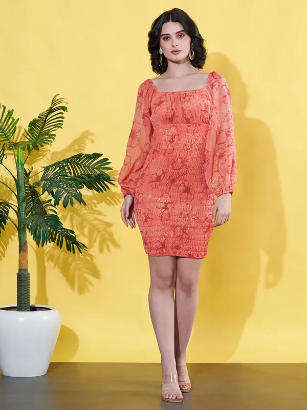 Women_Floral_Printed_Peach_Square_Neck_Smocked_Bodycon_Mini_Casual_Dress