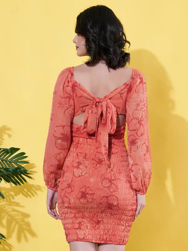 Women_Floral_Printed_Peach_Square_Neck_Smocked_Bodycon_Mini_Casual_Dress