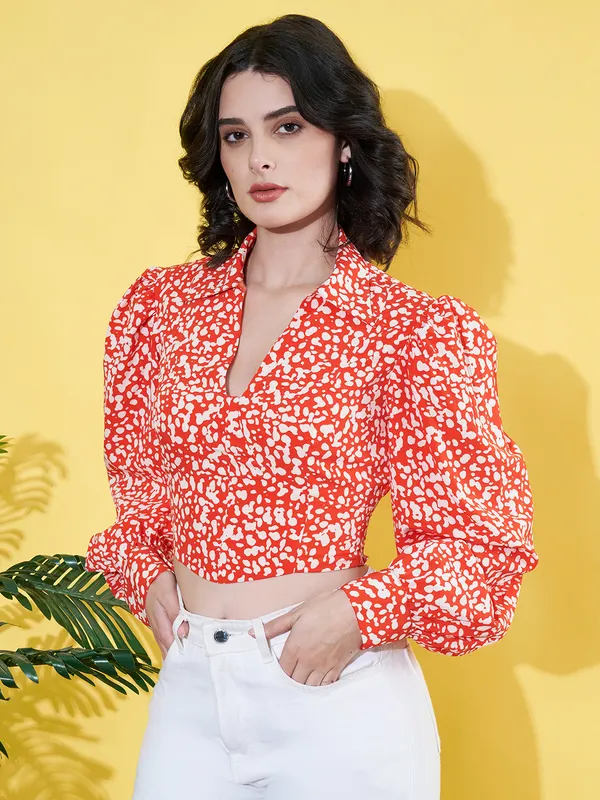 Women_Floral_Printed_Orange_Collared_Neck_Crepe_Casual_Crop_Top