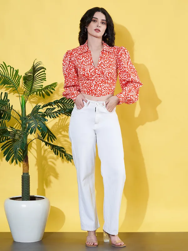 Women_Floral_Printed_Orange_Collared_Neck_Crepe_Casual_Crop_Top
