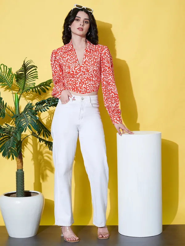 Women_Floral_Printed_Orange_Collared_Neck_Crepe_Casual_Crop_Top