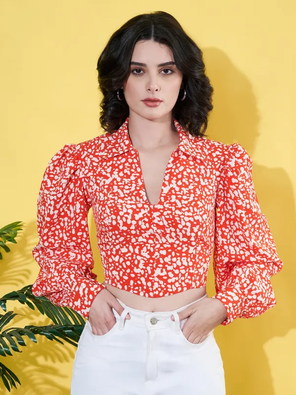 Women_Floral_Printed_Orange_Collared_Neck_Crepe_Casual_Crop_Top