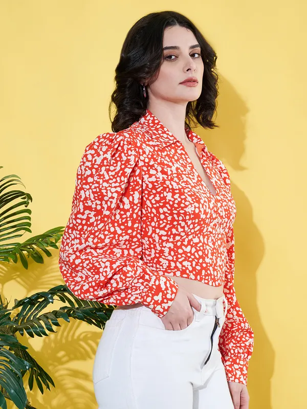 Women_Floral_Printed_Orange_Collared_Neck_Crepe_Casual_Crop_Top