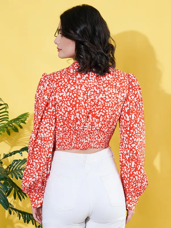 Women_Floral_Printed_Orange_Collared_Neck_Crepe_Casual_Crop_Top