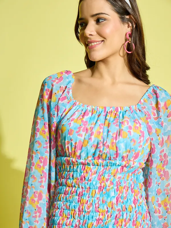 Women_Blue_Printed_Long_Puff_Sleeve_Mini_Chiffon_Bodycon_Dress